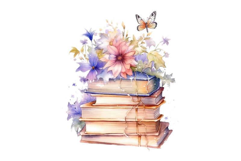 Watercolor Fairy old books with floral clipart