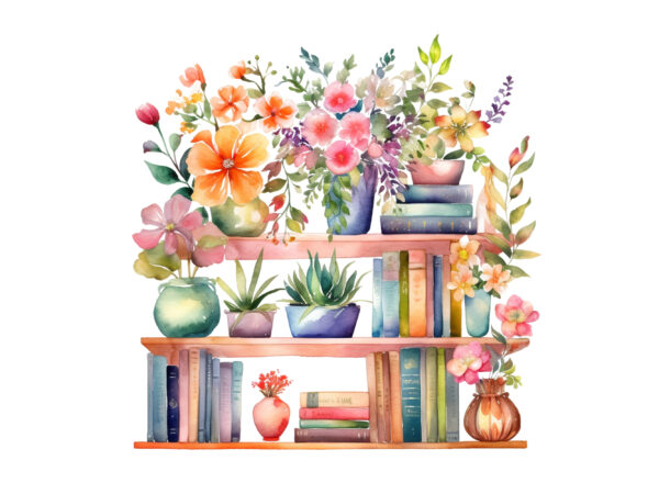 Watercolor bookshelf with flowers clipart t shirt design for sale