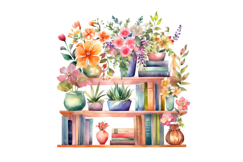 Watercolor bookshelf with flowers clipart