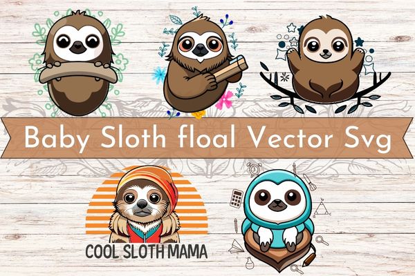 5 set of cute baby sloth floral ornaments vector illustration, wild animal, baby sloth, zoo animal, pet, funny, cute