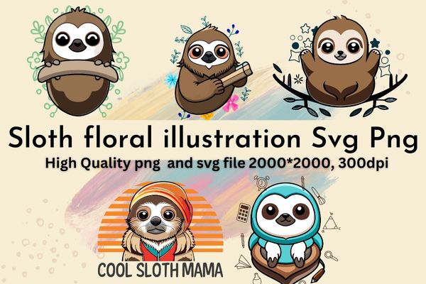 5 set of Cute baby sloth floral ornaments vector illustration, wild animal, baby sloth, zoo animal, pet, funny, cute