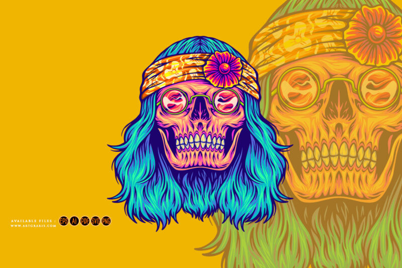 Hippie skull groovy bohemian flower power illustrations