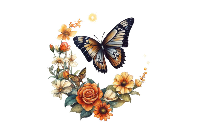 Butterfly and Flower Moon Clipart