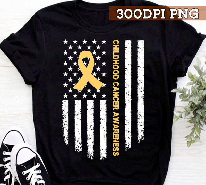 Childhood Cancer Awareness PNG File For Shirt, In September We Wear Gold, American Flag Design, Gold Ribbon PNG, Instant Download HC