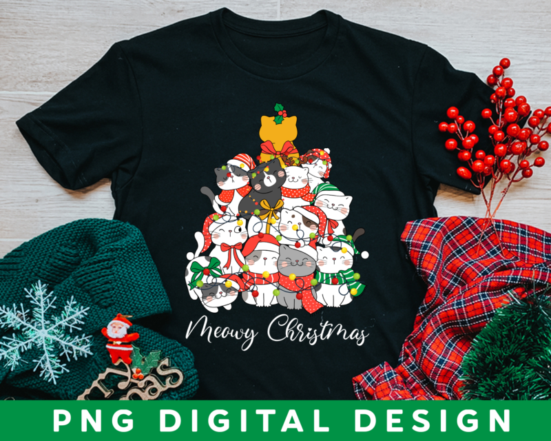 Christmas Cat PNG File For Shirt, Cat Lover Gift, Gift For Cat Mom, Meowy Christmas, Cute Cat Design, Instant Download HH