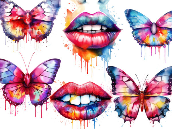 Colorful lip and butterfly watercolor t shirt vector file