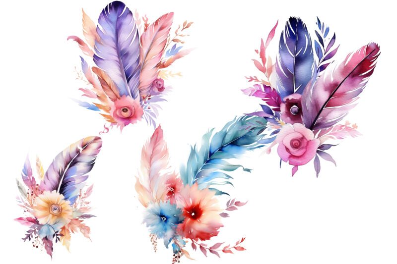 Floral Feather Watercolor Clipart