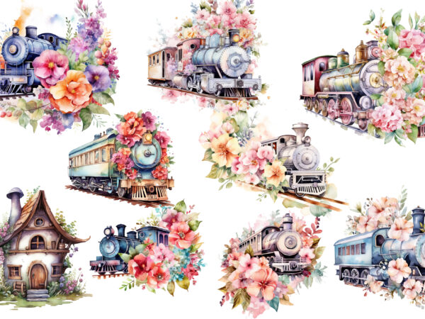 Floral train watercolor clipart t shirt graphic design