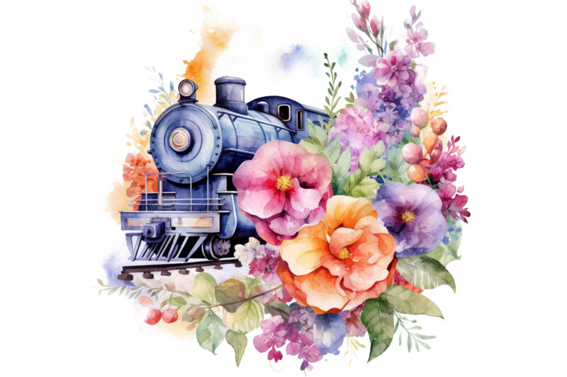 Floral Train Watercolor Clipart