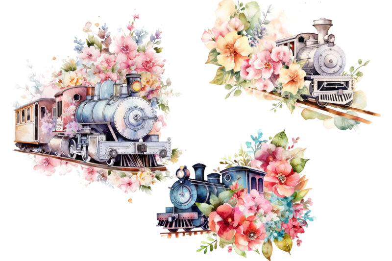 Floral Train Watercolor Clipart