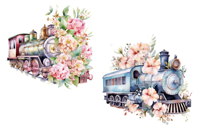 Floral Train Watercolor Clipart