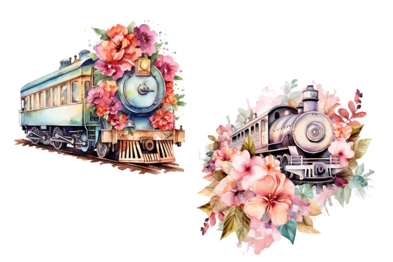 Floral Train Watercolor Clipart