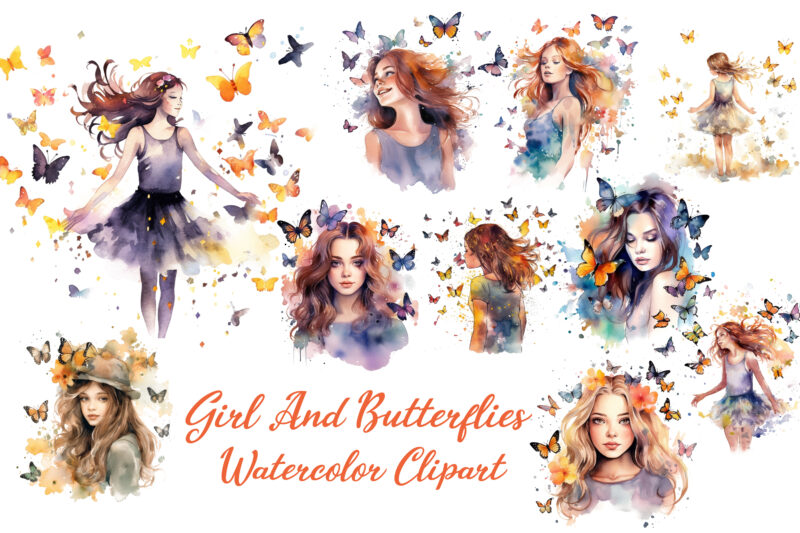 Girl and Butterflies Watercolor Clipart - Buy t-shirt designs