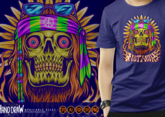 Hippie skull with classic sunflower trippy background illustrations