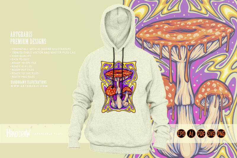 Magic mushroom with art nouveau frame background illustrations