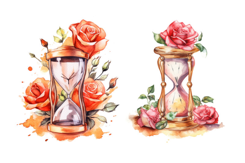 Hourglass with Roses Watercolor Clipart