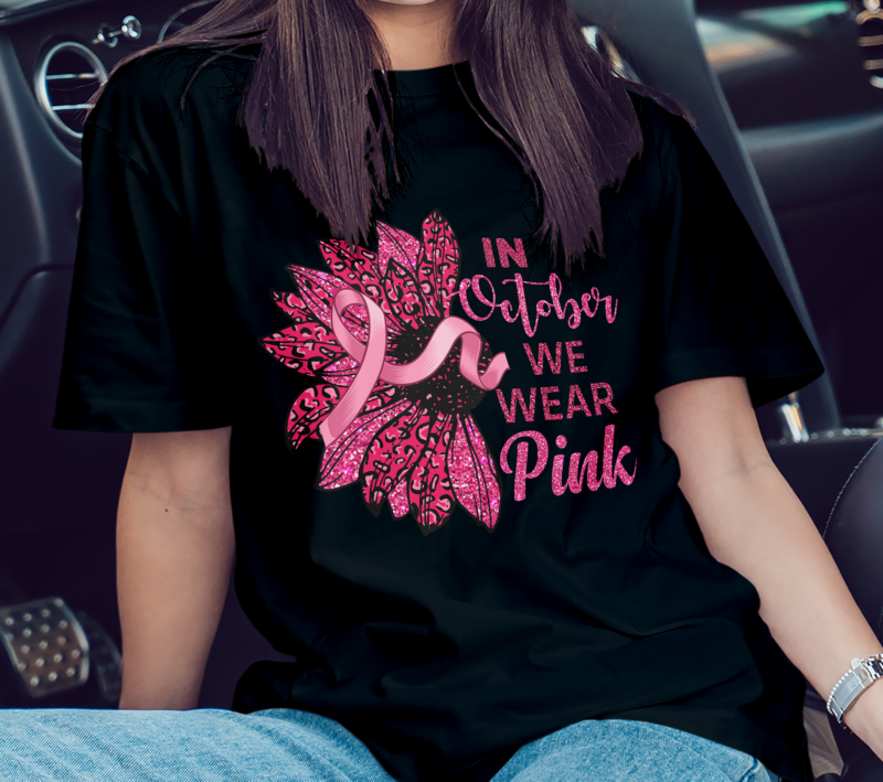 In October we wear Pink PNG, Breast Cancer Awareness Png, Sunflower, Breast Cancer Png, Sublimation Design Downloads