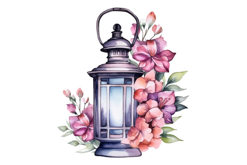 Lantern with Flowers Watercolor Clipart