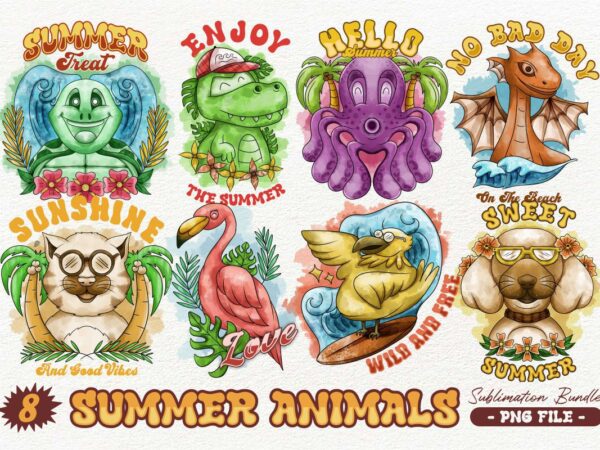 Watercolor summer animals sublimation png bundle, universtock t shirt design for sale