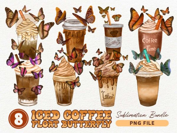 Iced coffee float butterfly png sublimation bundle, universtock t shirt design for sale