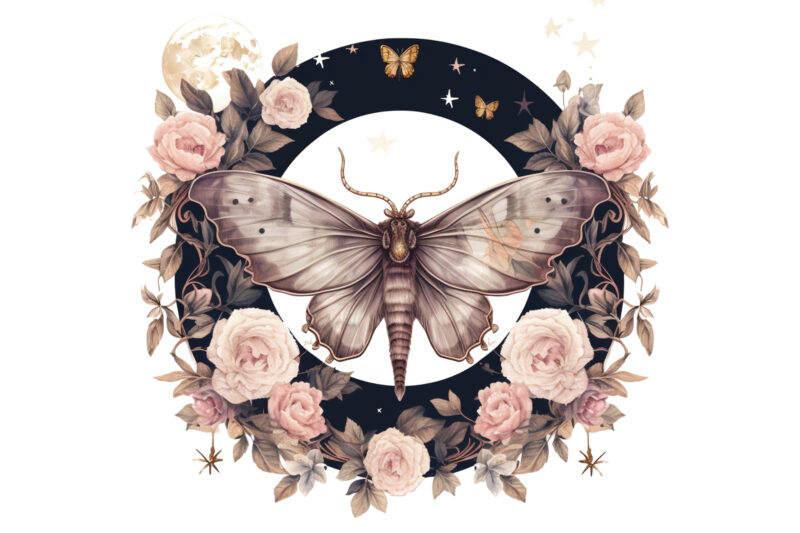 Night Moth and Floral Moon Clipart