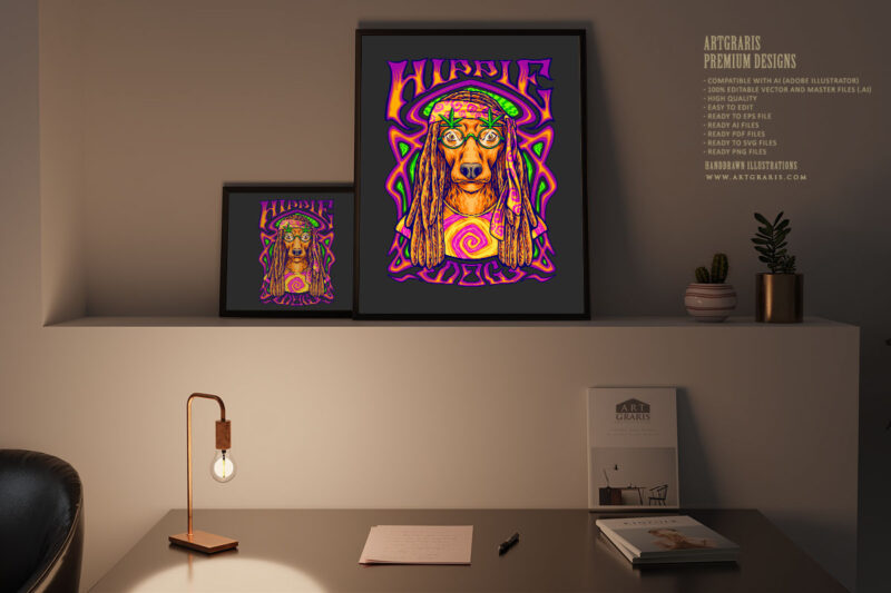 Hippie dog on psychedelic art frame background illustrations