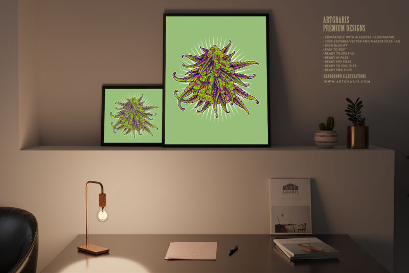 Cannabis indica buds strain botanical logo illustrations