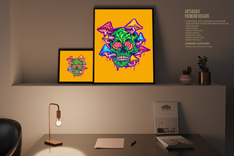 Trippy skull with psychedelic magic mushroom logo illustrations