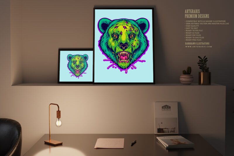 Rotten grizzly bear halloween animal head illustrations