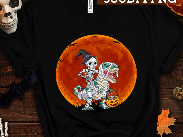 Skeleton riding mummy dinosaur t rex halloween pumpkin t-shirt tc