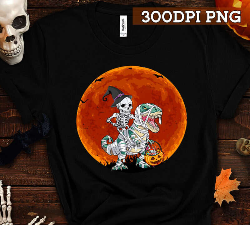 Skeleton Riding Mummy Dinosaur T rex Halloween Pumpkin T-Shirt TC