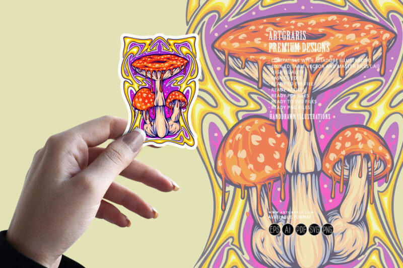 Magic mushroom with art nouveau frame background illustrations