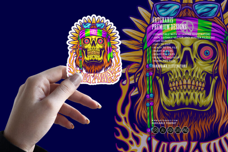 Hippie skull with classic sunflower trippy background illustrations