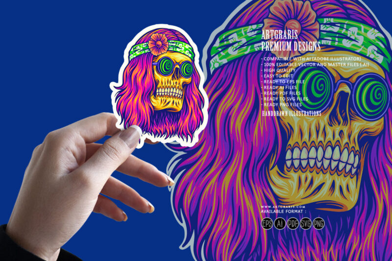 bohemian skull with trippy face wearing spiral glasses illustrations