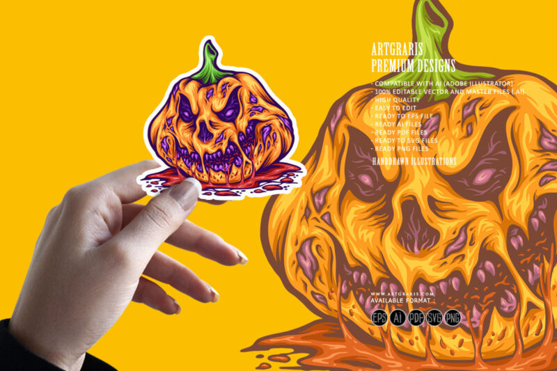 Rotten pumpkin creepy monster halloween fruit illustrations