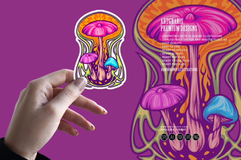 Magic mushroom psycho plant on trippy background illustrations