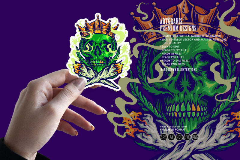 Skull king with royal crown smoking cannabis joint illuystrations