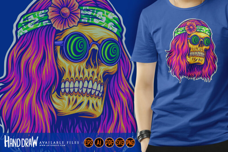 bohemian skull with trippy face wearing spiral glasses illustrations