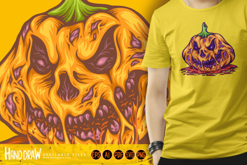 Rotten pumpkin creepy monster halloween fruit illustrations