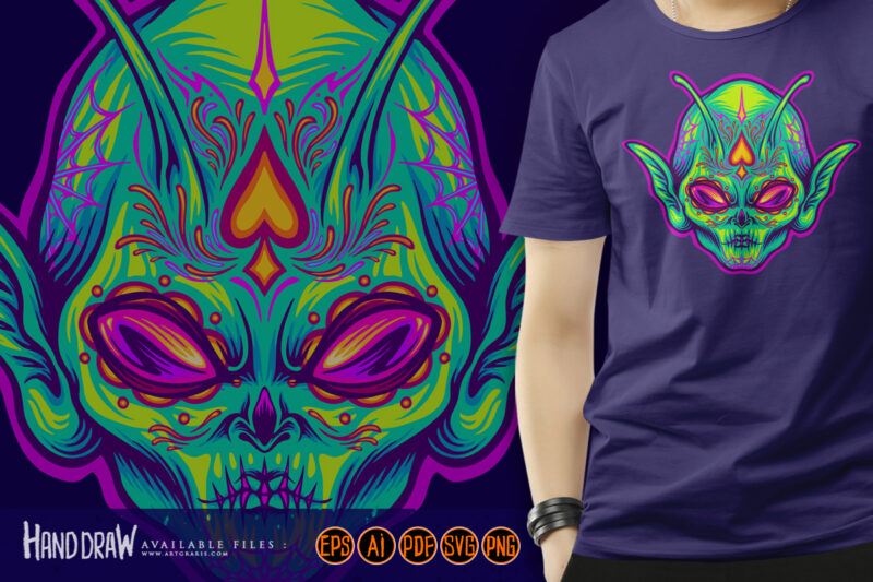 Alien head with sugar skull face santa muerte illustrations