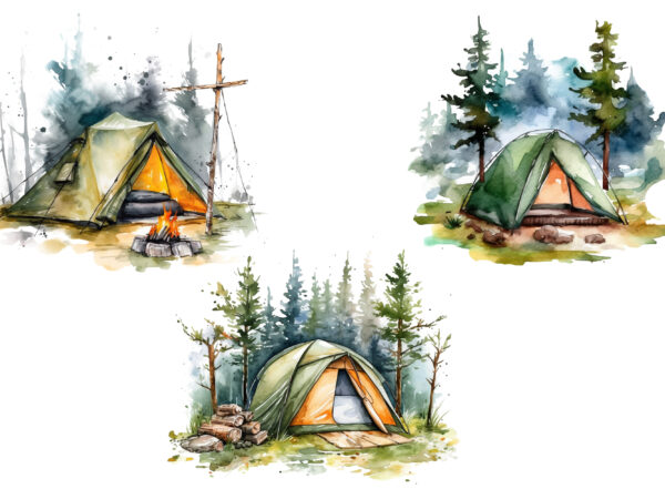 Tent Camping Watercolor Clipart - Buy t-shirt designs