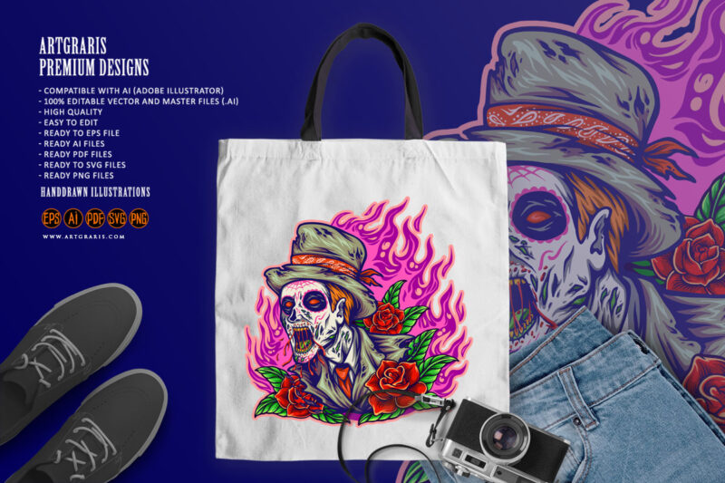 Día de los muertos zombie with fire background and blooming rose illustration