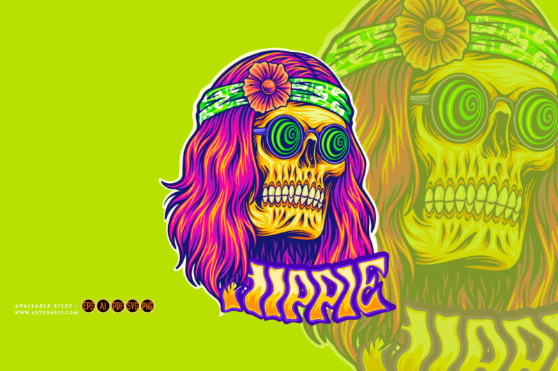 Trippy skull bohemian long haired with sunglasses illustrations