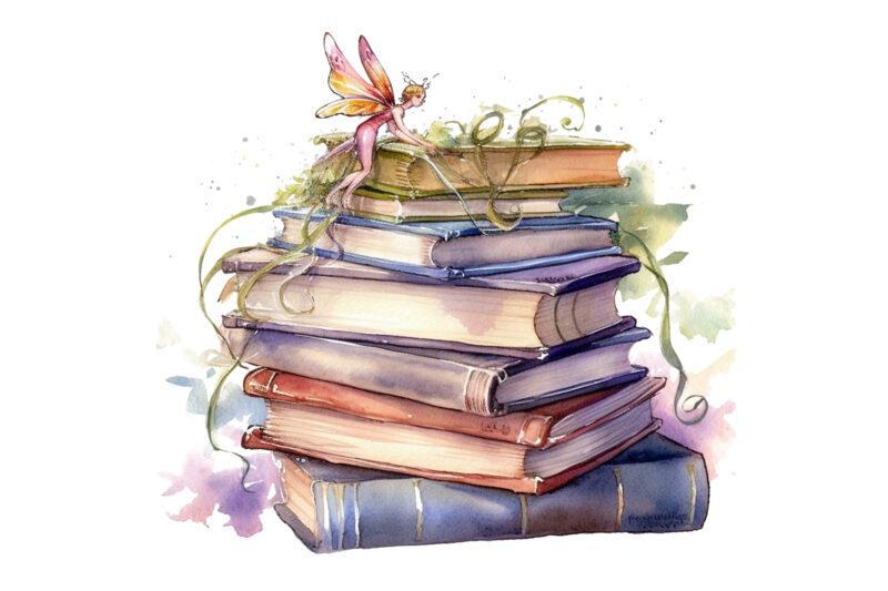 Watercolor Fairy old books clipart