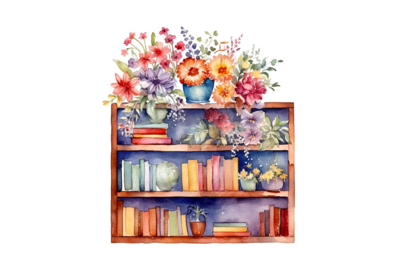 Watercolor bookshelf clipart