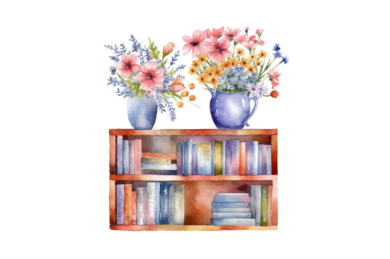 Watercolor bookshelf clipart