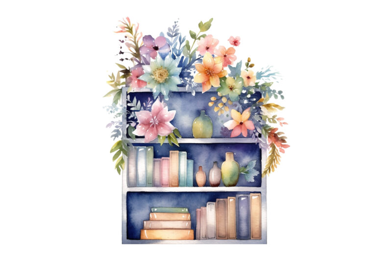 Watercolor bookshelf clipart