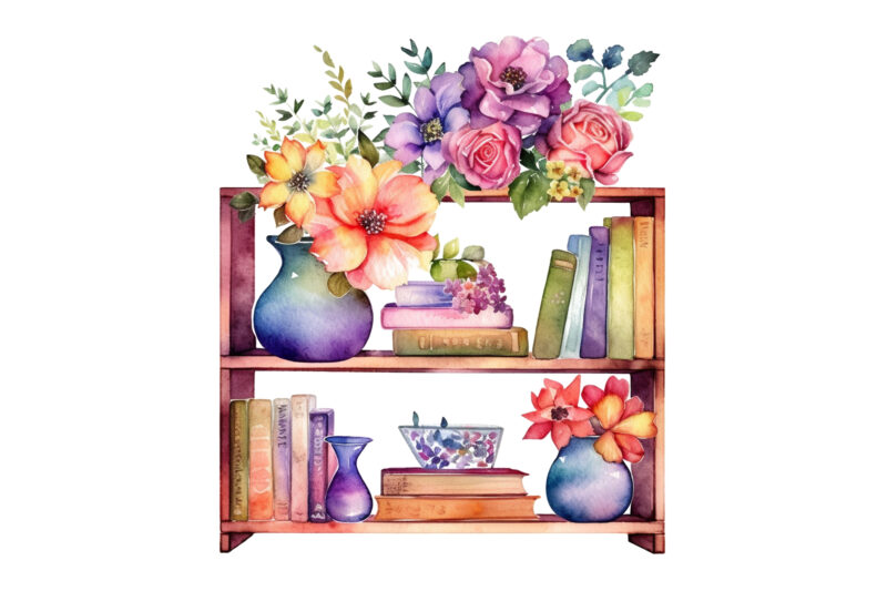 Watercolor bookshelf clipart