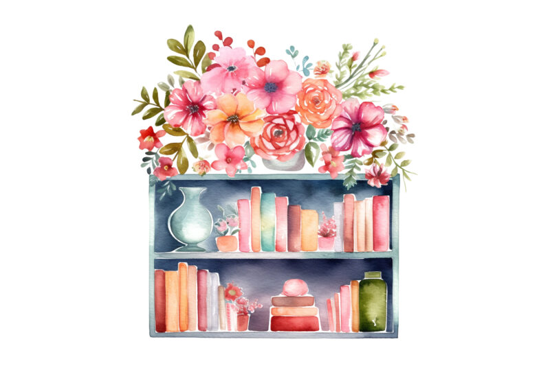 Watercolor bookshelf clipart