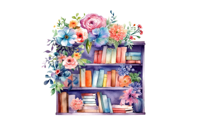 Watercolor bookshelf clipart